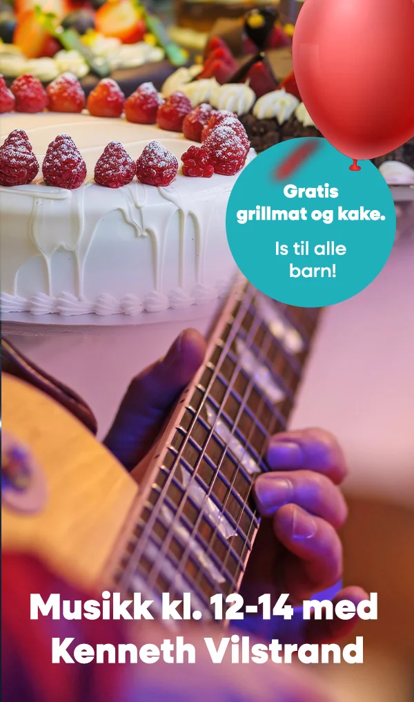 Gratis grillmat og kake. Is til alle barn! Musikk kl. 12-14 med Kenneth Vilstrand